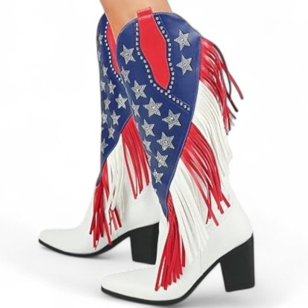 American Flag Size 11 Rhinestone Stars Fringe Knee High Block Heel Western Boot - Picture 14 of 16